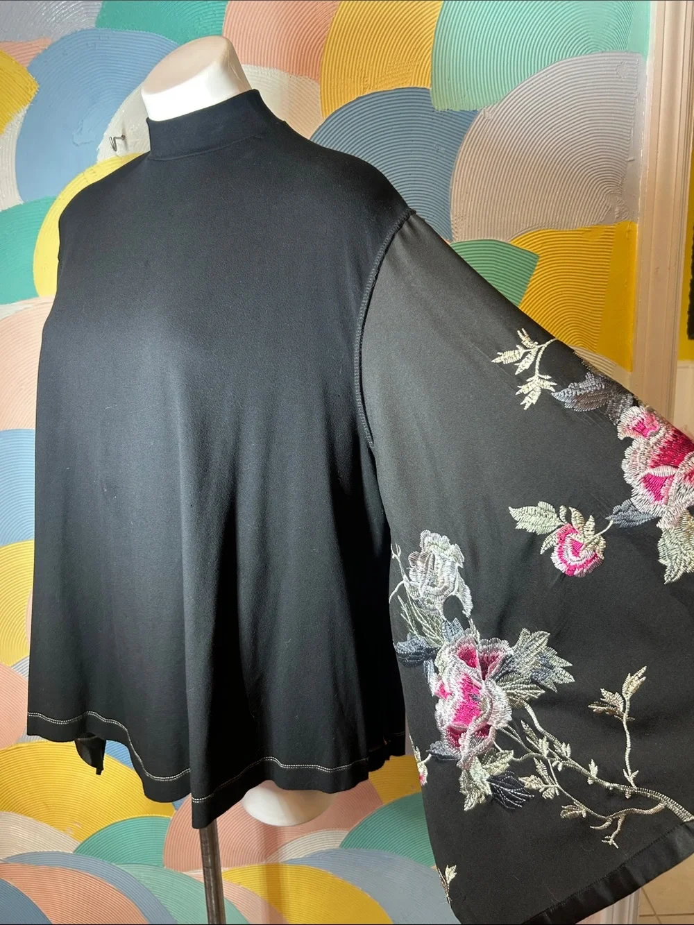 Free People Black Floral Embroidered Bell Sleeve Top
